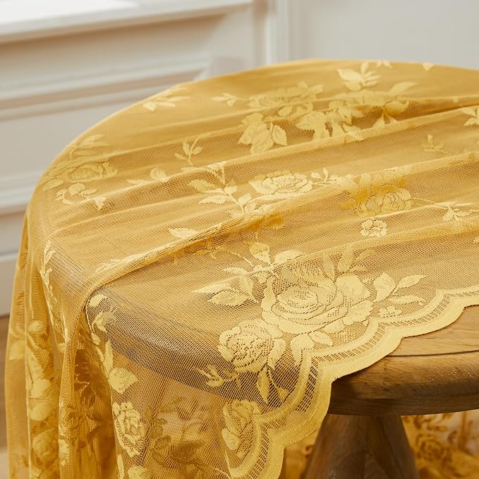 Yellow Lace Curtains 96 Inches Long 2 Panels Country Gold Flower Sheer Curtains - Image 8