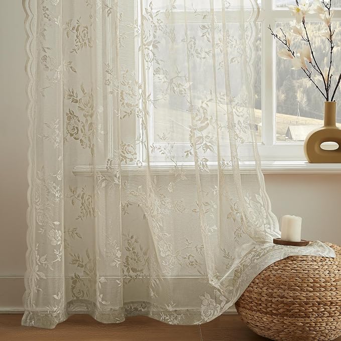 Khaki Lace Curtains 108 Inches Long 2 Panels Vintage Floral Curtains Botanical - Image 5