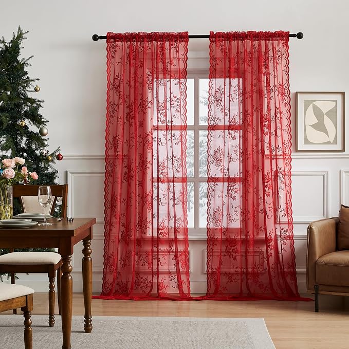 Red Lace Curtains 45 Inch Length 2 Panels Set Romantic Country Flower Curtains - Image 2
