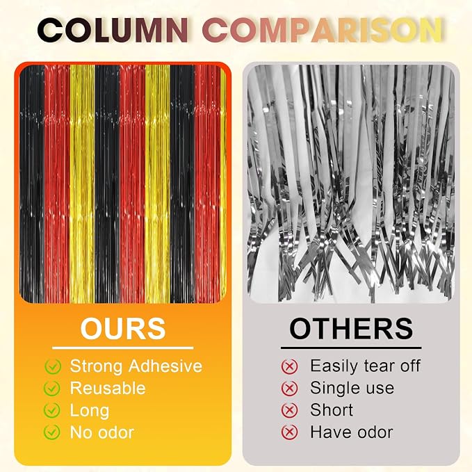 Voircoloria Red Black Gold Fringe Backdrop Curtains, 3 Pack | Tinsel Streamers - Image 4