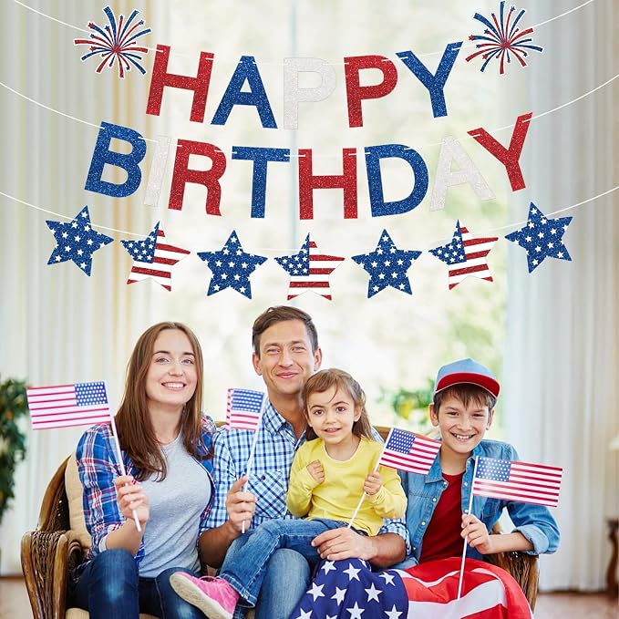 Happy Birthday Banner Patriotic Red White Blue Decorations, Glitter Happy - Image 5