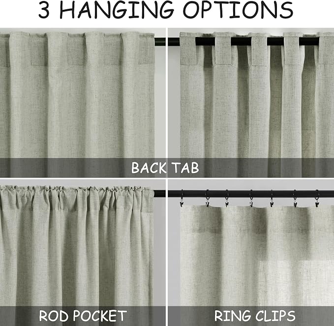Sage Green Linen Blend Light Filtering Curtains 86 Inches Long 2 Panel Set - Image 3