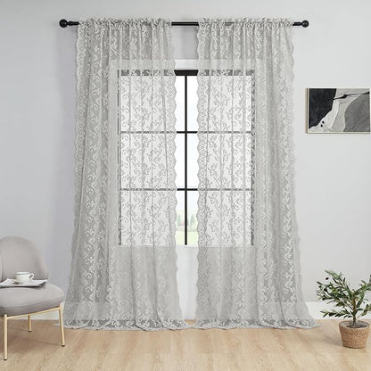 FOLKSIDE Grey Lace Curtains 54 Inch Length 2 Panels Paisley Pattern Rod Pocket - Image 2