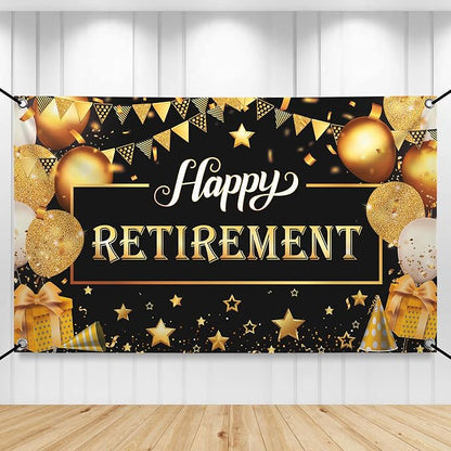 Katchon Happy Retirement Banner 72x44 Inch | Black & Gold, Wall Banner by KatchOn