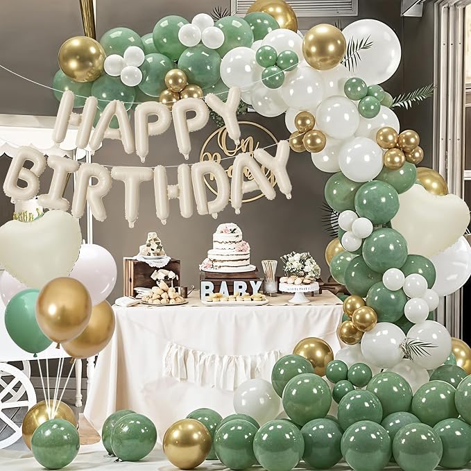 Happy Birthday Balloon Banner Cream Green, 16 Inch Beige Mylar Letters Heart - Image 2