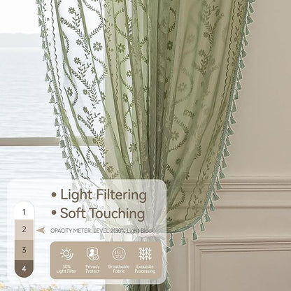 WAZZIO Boho Lace Curtains 2 Panels 96 Inch -Vintage Victorian Sheer Panel Drape - Image 4