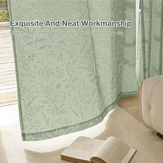 Anmao Sage Green Semi Sheer Light Filtering Curtains 96 Inches Long 2 Panels - Image 7