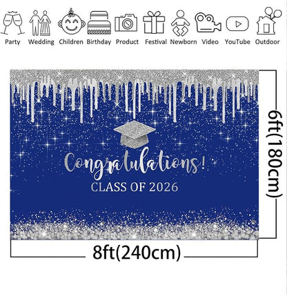 Mocsicka Blue and Sliver Graduation Backdrop Congratulations Class of 2026 - Image 5