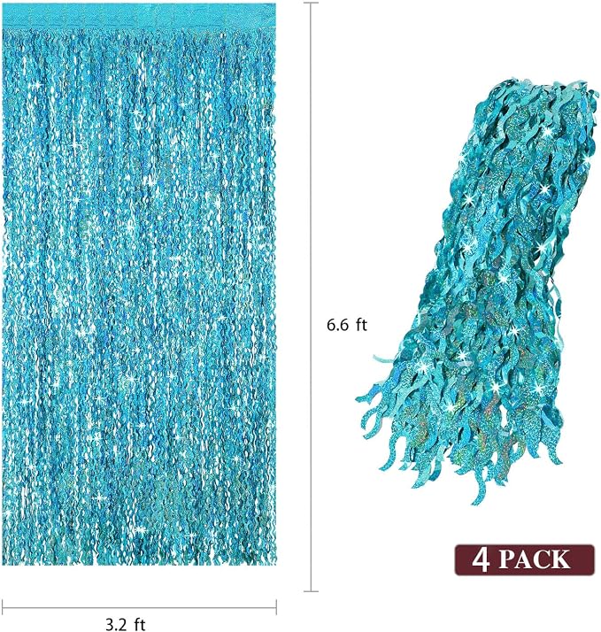 4 Pack Teal Aqua Blue Wavy Foil Fringe Curtains Party Decorations - Image 3