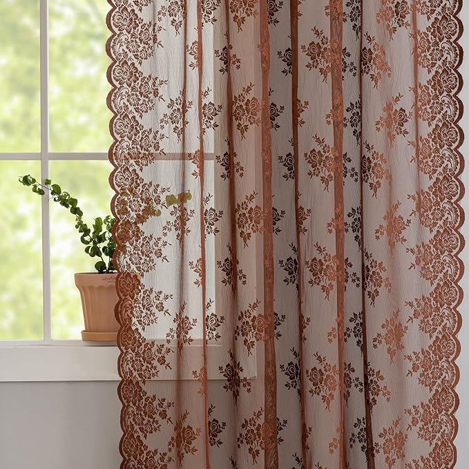 Kotile Warm Brown Floral Lace Curtains - Image 5