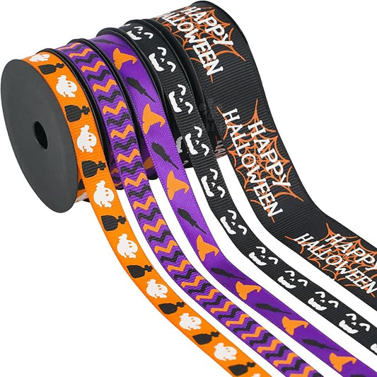 3/8 inch 1 inch Halloween Ribbon Set Spooky October Ribbon Assortment 5 Rolls by MEEDEE
