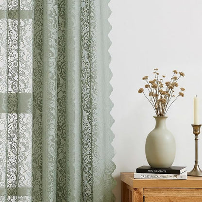 Bujasso Sage Green Lace Pinch Pleat Curtains 108 inch, Vintage Floral Sheer - Image 7
