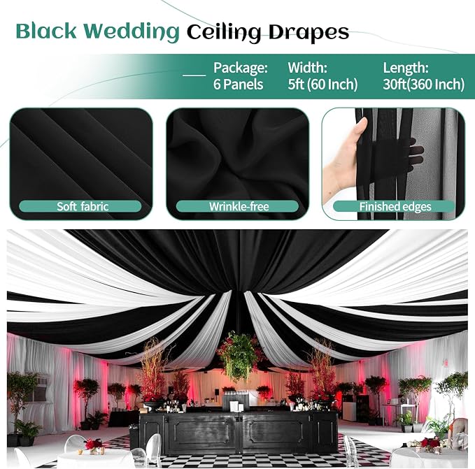 6 Panel Black Wedding Drapes - 5ft x 30ft Sheer Voile Chiffon Curtains - Image 4