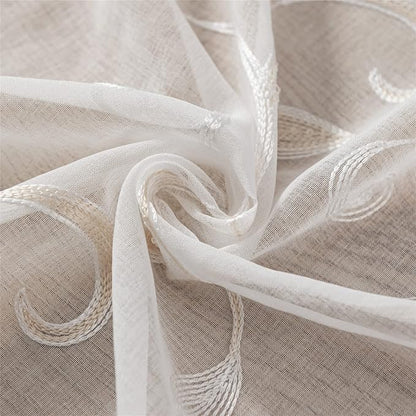 White Sheer Curtains Beige Embroidered Leaves 2 Panels 54Wx108L | Light - Image 3
