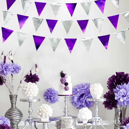 Purple and Silver Party Decorations Triangle Pennant Banner Flag Metallic - Image 5