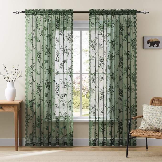 Dark Green Lace Curtains 108 Inches Long 2 Panels Vintage Emerald Green Floral by SEEKRIGHTHomeDecor