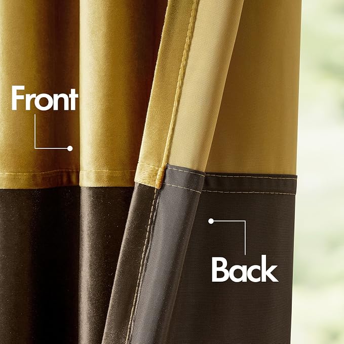 Gold Brown Velvet Blackout Curtains Luxury Decor 108 inches, Color Block | - Image 4