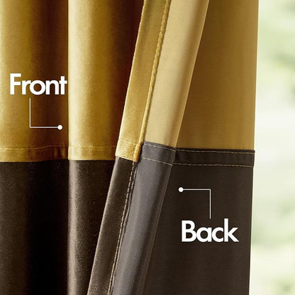 Gold Brown Velvet Blackout Curtains Luxury Decor 108 inches, Color Block | - Image 4