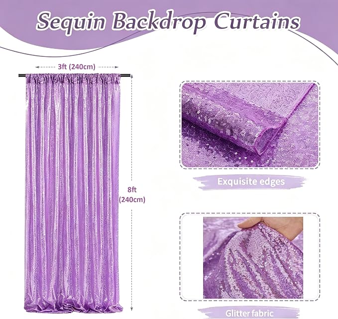 Lavender Sequin Backdrop Curtains-1 Panel 3FTx8FT Light Purple Backdrop - Image 3