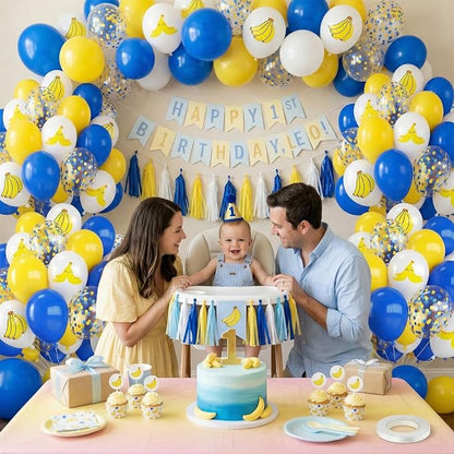 Blue and Yellow Balloons, 12 Inch Banana Print Blue Yellow Gold Confetti Balloon - Image 5