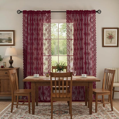 Kotile Burgundy Sheer Lace Curtains - Image 4