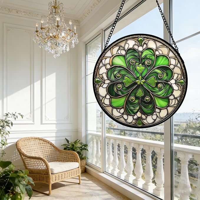 DASTOLL Stained Glass Window Hanging St. Ripak Festival Green Lucky Clover 6.3" - Image 7