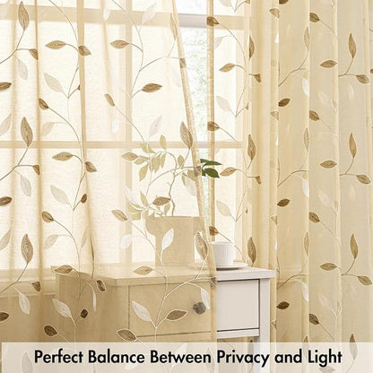 MIULEE Beige Sheer 30x36 Inches Length 2 Panels Embroidered Leaf Patterned | - Image 5