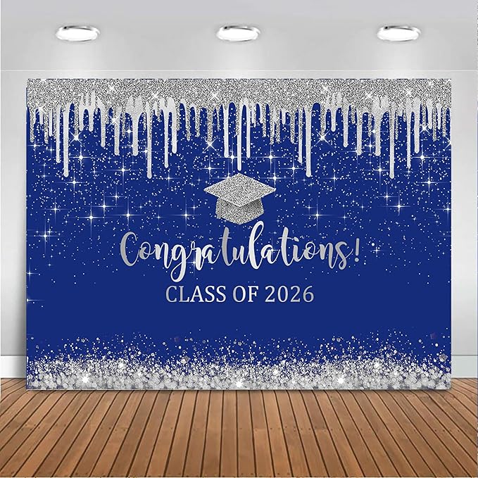 Mocsicka Blue and Sliver Graduation Backdrop Congratulations Class of 2026 by Mocsicka