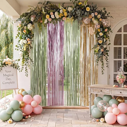 Frienda 4pcs Sage Green and Pink Party Decorations 6.6ft Fringe Curtains - Image 4