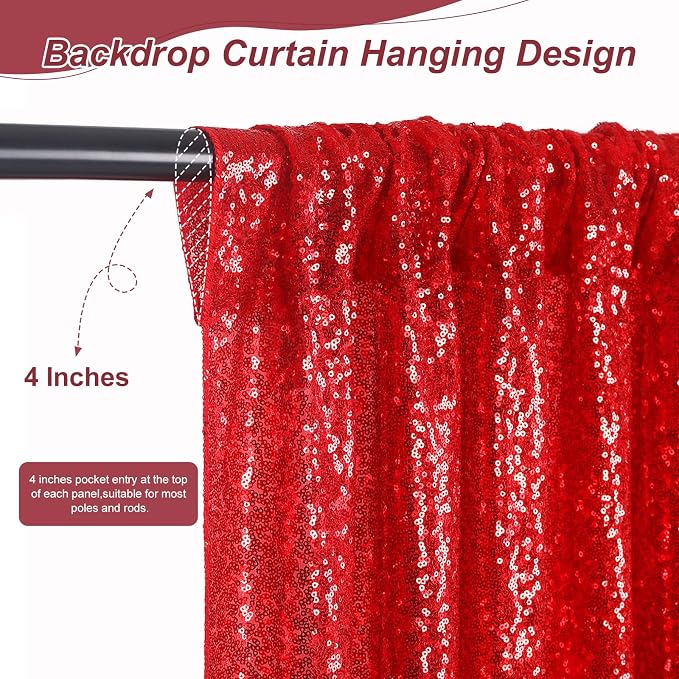 Party Backdrop Curtains 2 Pcs 5FTx10FT Red Sequin Backdrop Sparkly Glitter - Image 3