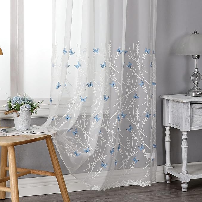 White Sheer Voile Curtains White Embossed Butterflies 96 Inches | Light by VISIONTEX