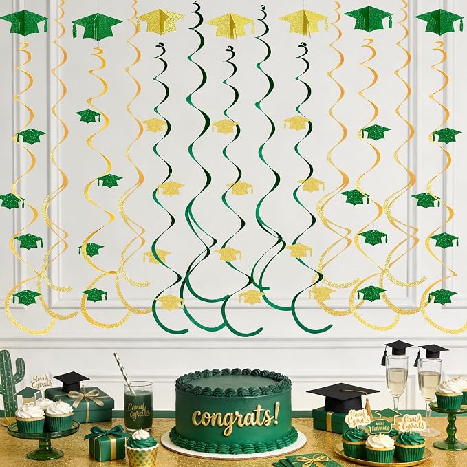 24Pcs Green Gold Graduation Grad Cap Hanging Felt Swirl Streamer Spiral Ceiling - Image 6