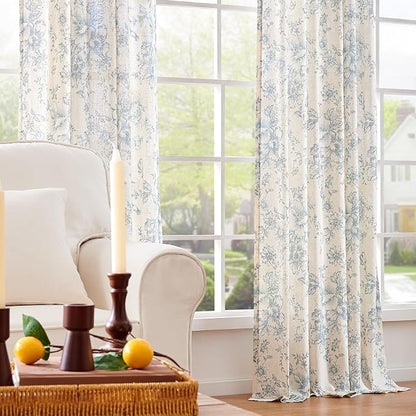 jinchan Blue Floral Linen Curtains 96 Inch Farmhouse Back Tab 2 Panels | Light - Image 7