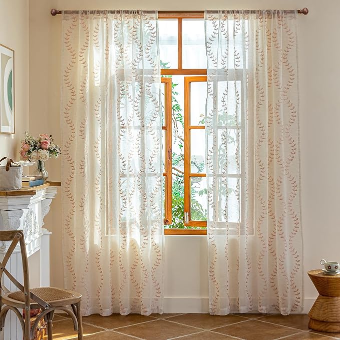 2 Panels Linen Leaf String Floral Embroidered Semi Sheer Curtain Farmhouse - Image 2