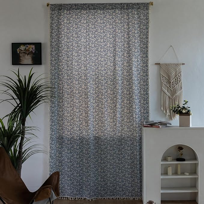 ENJOYBRIDAL White Floral 63 Inch Curtains 2 Panel Set Semi Sheer Blue Drapes - Image 2