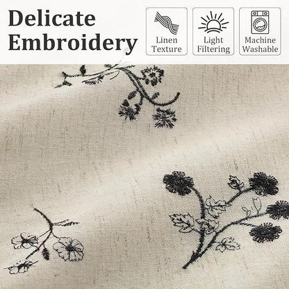 Black Floral Embroidered Light Filtering Curtains 84 Inch 2 Panels | Linen - Image 4