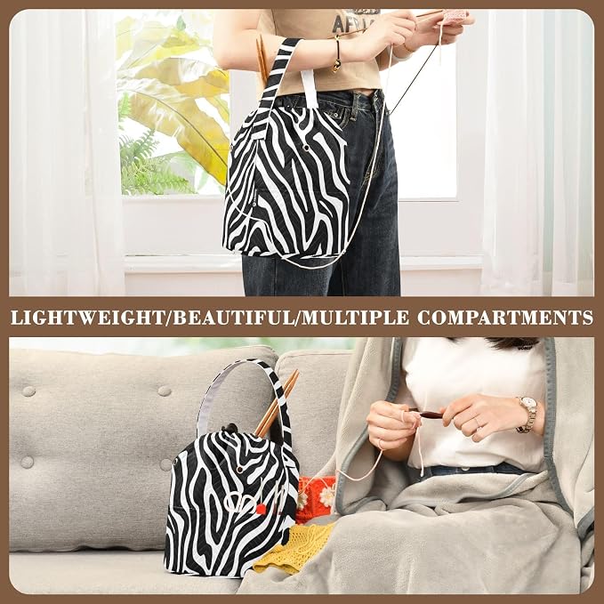 White Black Zebra Print Yarn Bag Small Crochet Bag Drawstring Yarn Storage - Image 5