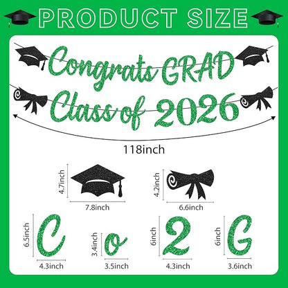 Black and Green Graduation Banner 2026, GlitterGreen Class of 2026 Banner - Image 4