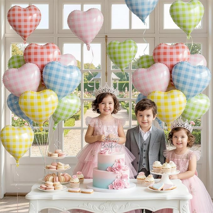 Pastel Checkered Heart Balloons, 18Inch Light Pink Blue Yellow Green Red - Image 6