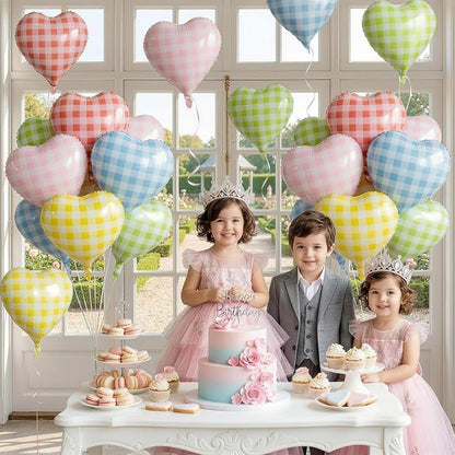 Pastel Checkered Heart Balloons, 18Inch Light Pink Blue Yellow Green Red - Image 6