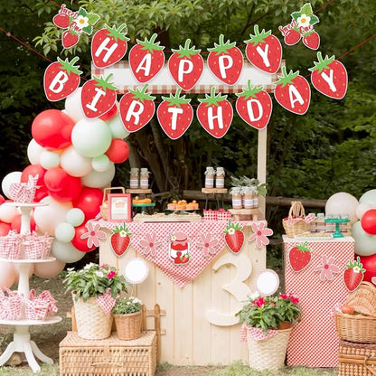 SUNBEAUTY Strawberry Happy Birthday Banner, Berry Sweet Red Fruit Party Hanging - Image 8
