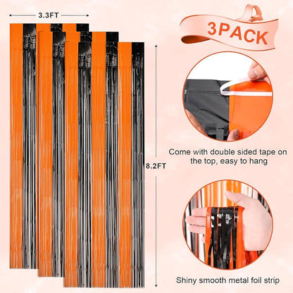 Voircoloria Black Orange Foil Fringe Backdrop Curtains, 3 Pack | Tinsel - Image 3