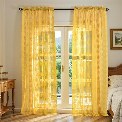 Kotile Mustard Yellow Sheer Lace Curtains - Image 6