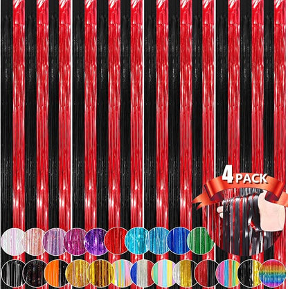 Black Red Metallic Tinsel Foil Fringe Curtains, 4 Pack 3.3x8.3 Feet Streamer by NUWDHP