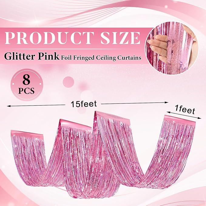8 Pcs Iridescent Pink 15ft Metallic Foil Ceiling Fringe Curtains - Image 2