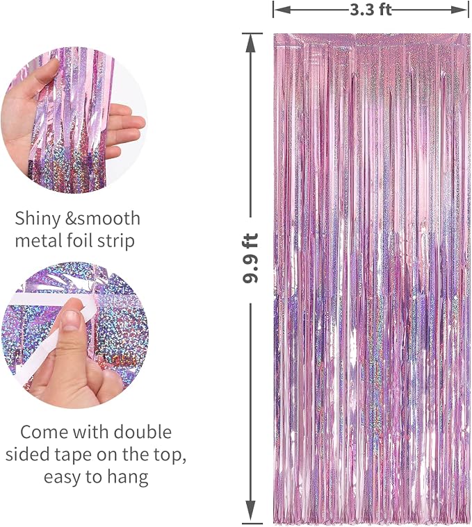 Crosize 2 Pack Laser Pink Party Streamers Backdrop, 3.3 x 9.9 ft | Tinsel Foil - Image 2