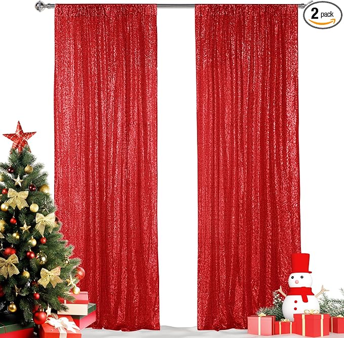 Hahuho Red Sequin Backdrop Curtain, Party Decoration（2 Panels, 2FT x 8FT by Hahuho