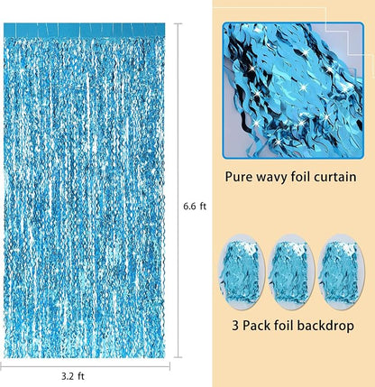 3 Pack Blue Wavy Tinsel Foil Fringe Curtain - Image 3