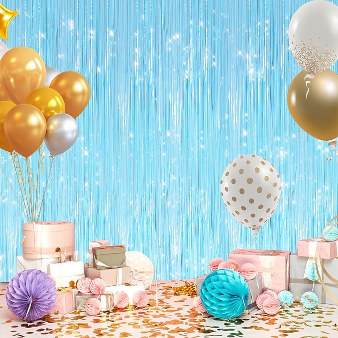 GCB 2Pack Macaron Blue Metallic Tinsel Foil Fringe Curtains, Pastel Blue Door - Image 6