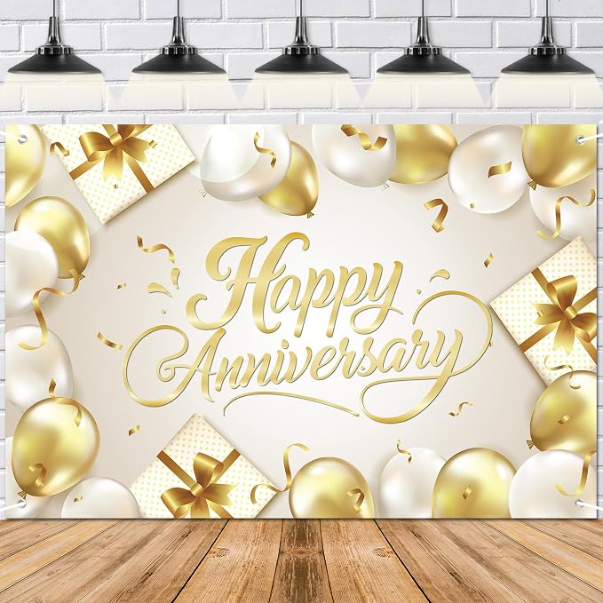 Happy Anniversary Backdrop Banner White Gold Elegant Photography Background by Unknown